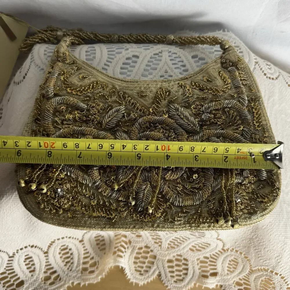 Antiqued Gold Embellished Fabric Beaded Bag Decorative Beaded Strap NWT
